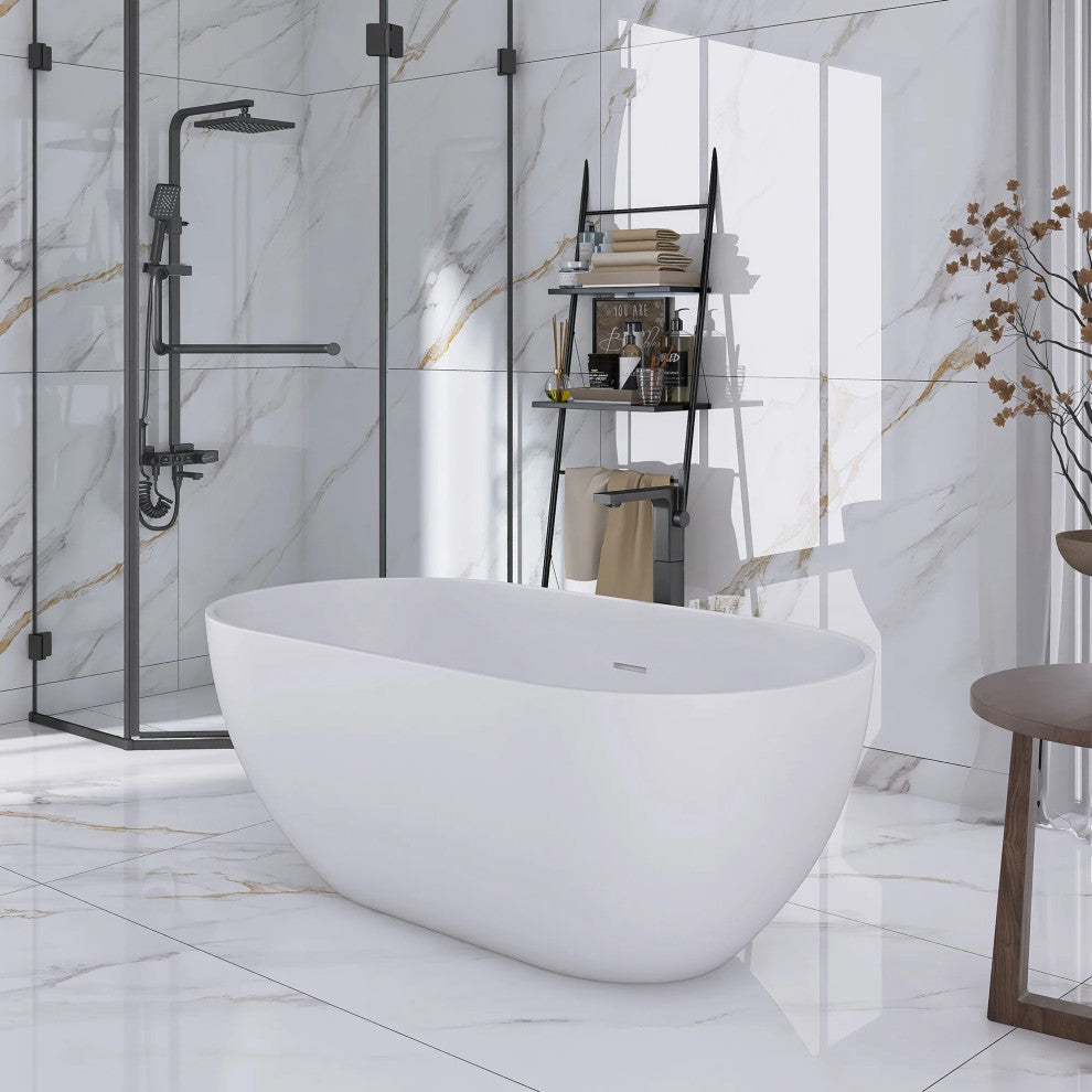 Solid Surface Freestanding Soaking Bathtub, Drain, 59"