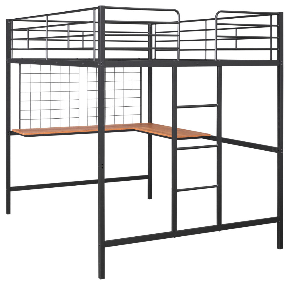 TATEUS Metal Loft Bed With Desk, Sturdy Metal Frame Guardrails Work and Play, Black, Full