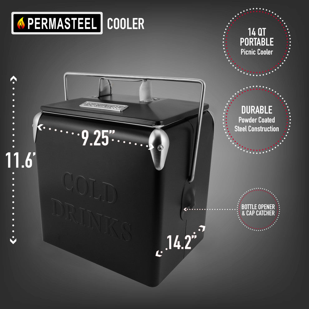 Permasteel 14 Quart Portable Picnic Cooler, Black