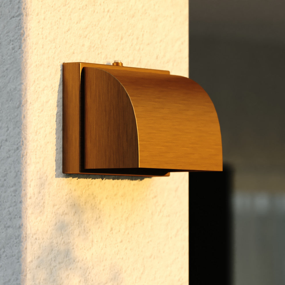 Walsh 1-Light Wrm Brass Dusk to Dawn Modern Outdoor Wall Sconce Fixture Dark Sky, Warm Brass, 7"wx4.75"hx4"d