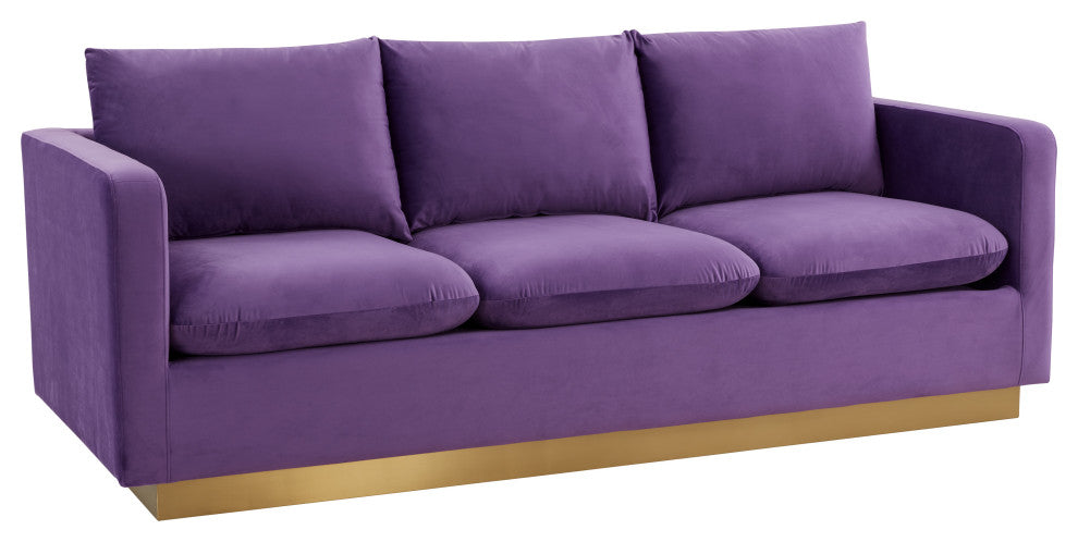 LeisureMod NS83PU Nervo Purple Modern Mid-Century Velvet Sofa with Gold Frame