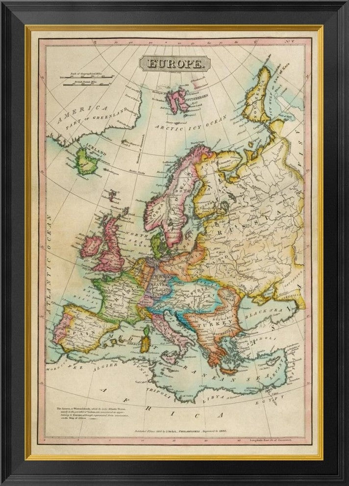 "Europe, 1820" Framed Canvas Giclee by John Melish, 25x34"