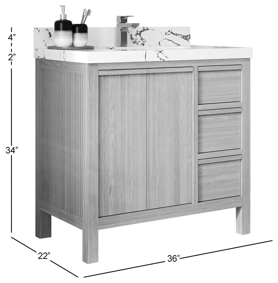 Elizabeth Oak 36" Center Sink Vanity, White 2" Pearl Gray