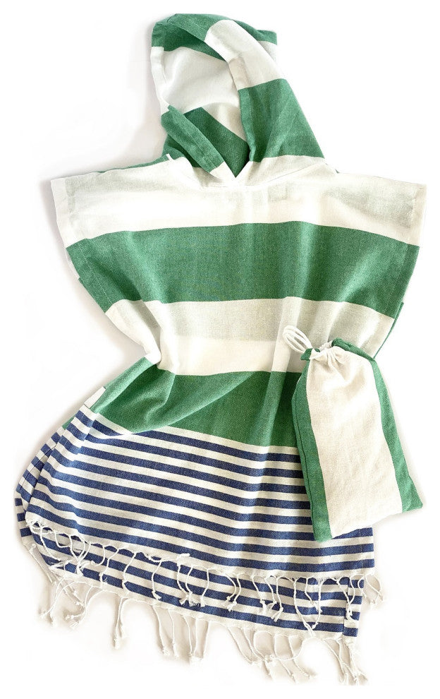 Navy Blue Green and White Striped Design Poncho Towel