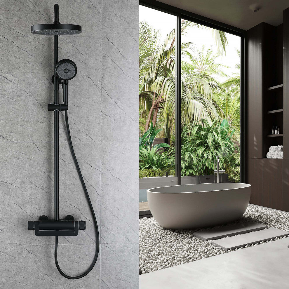 Thermostatic Wall Mounted Shower System with Multi-Function Hand Shower, Matte Black
