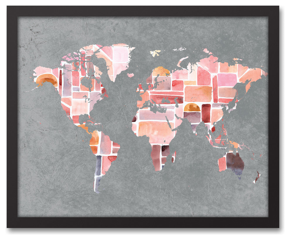 Pink on Gray World Map  16x20 Black Framed Canvas