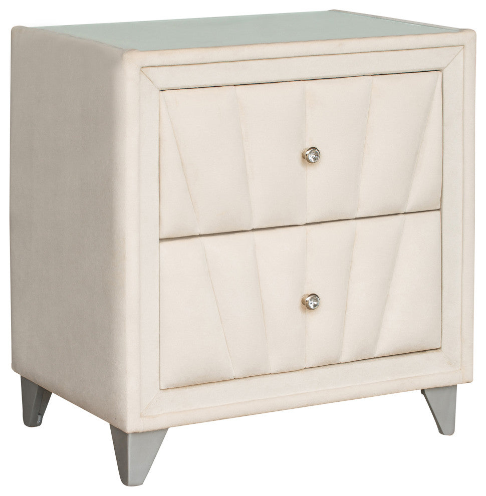 2-Drawer Wood Nightstand with Velvet Fabric and Glass Worktop, Beige