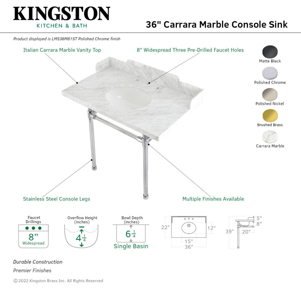 Kingston Brass LMS36M81ST 36" Carrara Marble Console Sink, Legs
