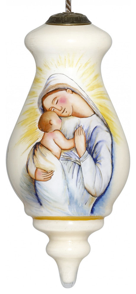 Mother Mary with Baby Hand Painted Mouth Blown Glass Ornament