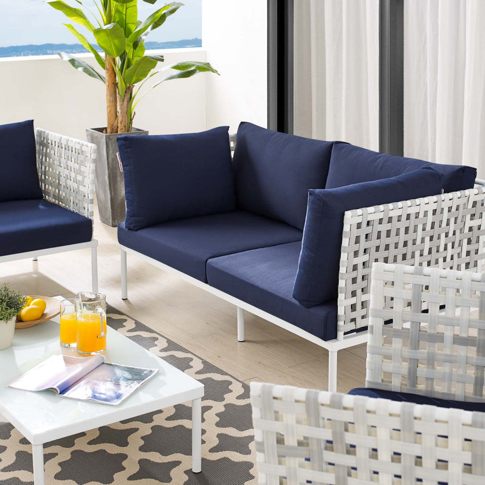 Lounge Sectional Sofa Chair Table Set, Sunbrella, Aluminum, Blue Navy, Outdoor