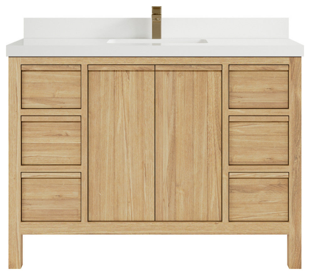 Elizabeth 48 Single Sink Bath Vanity in Light Natural Teak 2" White Quartz