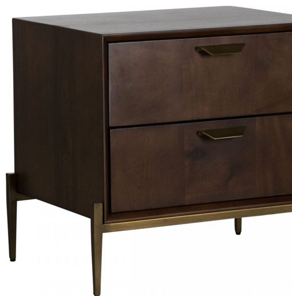 Modern Dark Mango Acacia and Brass Nightstand With Two Drawers