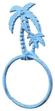 Rustic Light Blue Cast Iron Palm Tree Towel Holder 9'', Beach Bathroom Decor