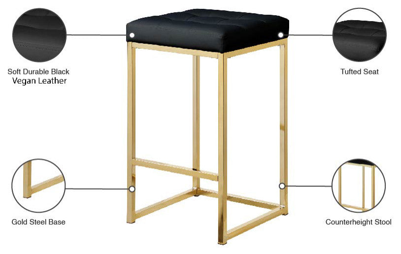 Nicola Counter Stool, Set of 2, Black, Vegan Leather, Gold Base