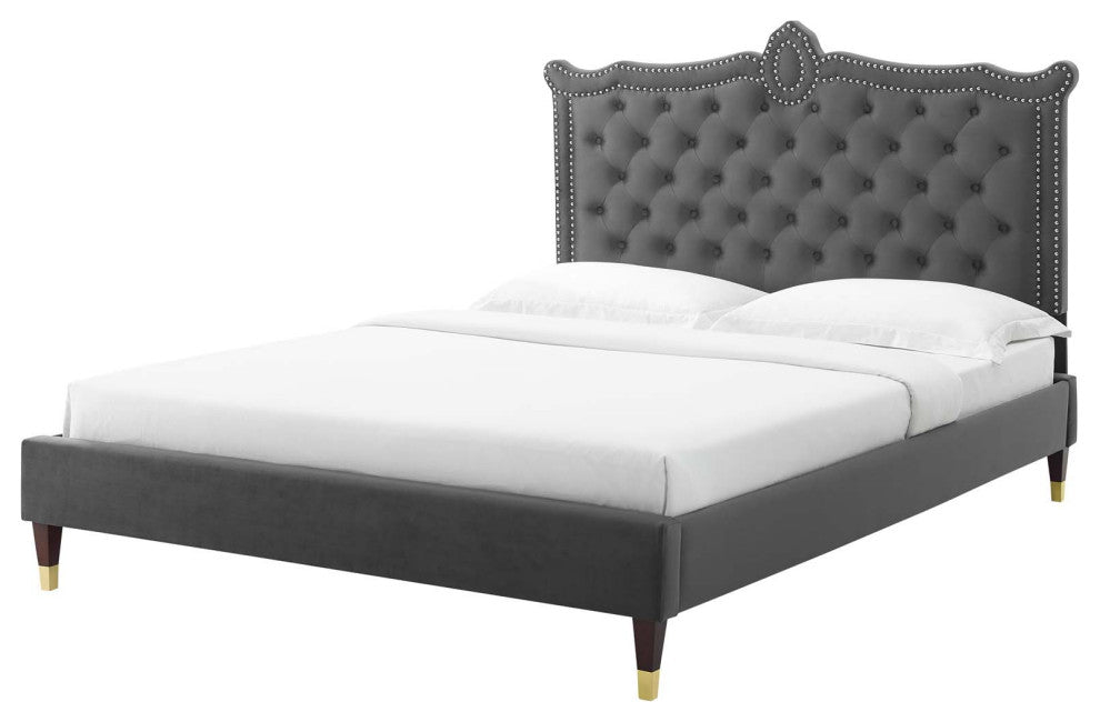 Platform Bed Frame, Nailhead, Queen Size, Charcoal Gray, Velvet, Modern
