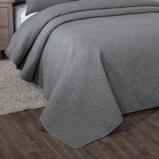 Elegant Modern Floral Grey Diamond Pattern Quilted Coverlet Bedspread Set, Queen