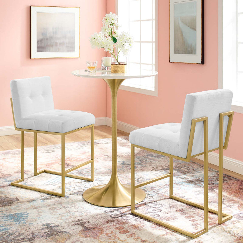 Side Dining Chair, Set of 2, Fabric, Metal, Gold White, Cafe Bistro Restaurant