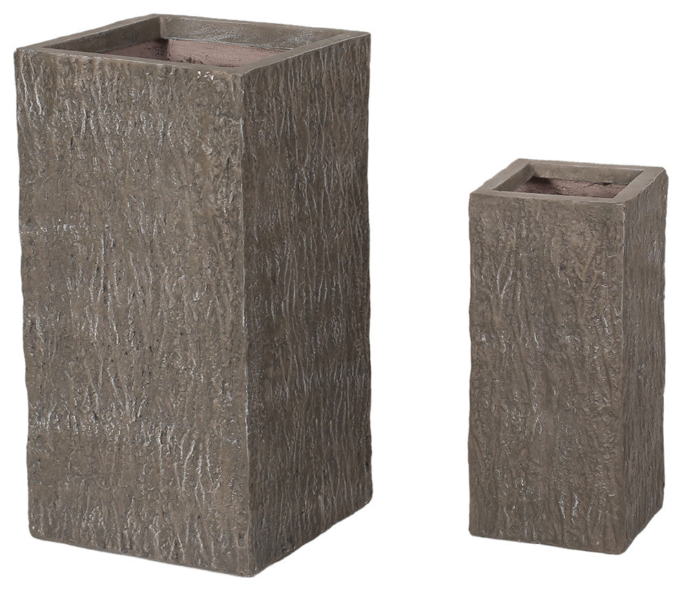 Berkamn Outdoor Large and Small Cast Stone Planters, Set of 2, Brown Wood