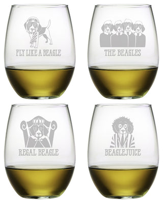 Beagle Puns 4-Piece Stemless Wine Glass Set
