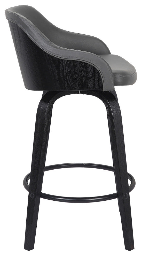 26" Gray Swivel Faux Leather Black Wooden Bar Stool