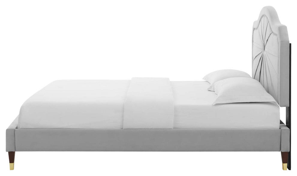 Platform Bed Frame, Full Size, Velvet, Light Gray, Modern Contemporary