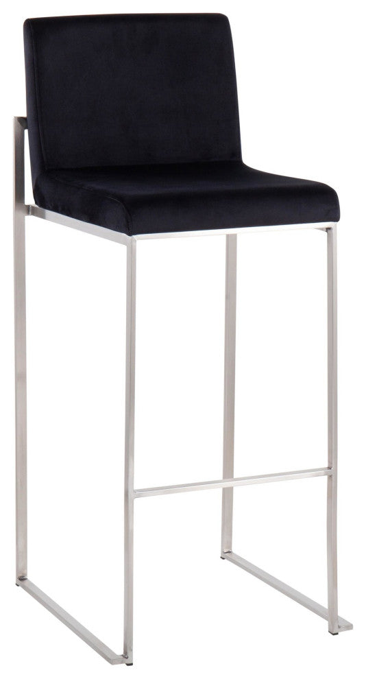 Fuji High Back Barstool, Stainless Steel/Black Velvet, Set of 2