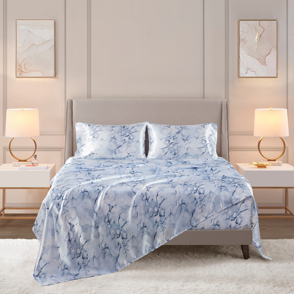 Madison Park Essentials Printed Satin Sheet Set, Queen Blue Marble