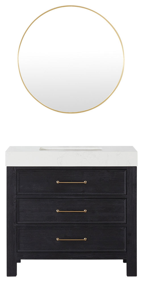 Leon Bath Vanity With Composite Stone Top, Fir Wood Black, 36", With Mirror