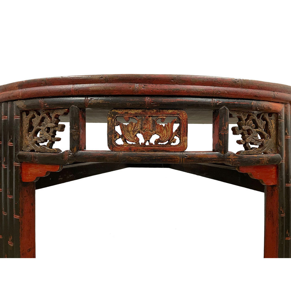 Consigned 19th Century Antique Chinese Carved Red lacquered Half Moon Tables