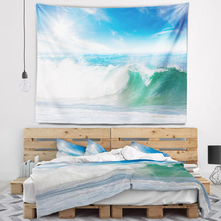 White and Blue Waves under Sun Seascape Wall Tapestry, 92"x78"
