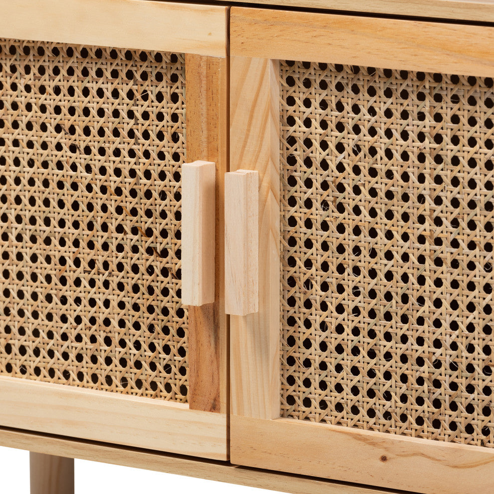 Saskia Mid-Century Modern Natural Brown Finished Wood and Rattan 2-Door Bookcase