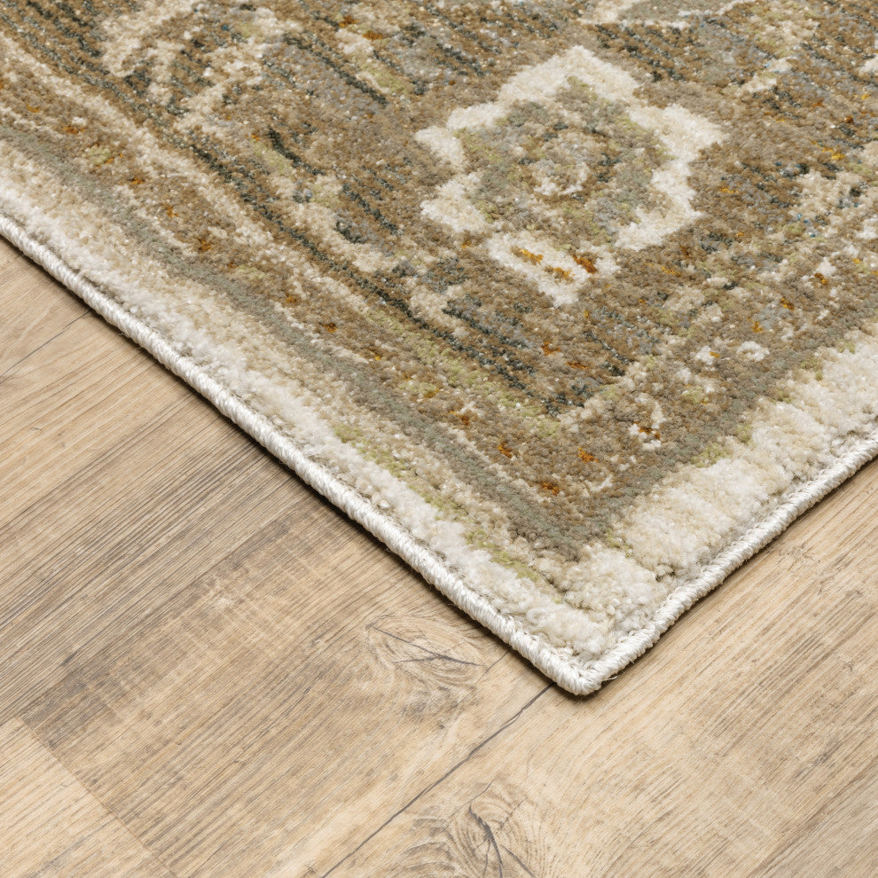 Adeline Distressed Medallion Beige and Ivory Area Rug, 6'7"x9'6"