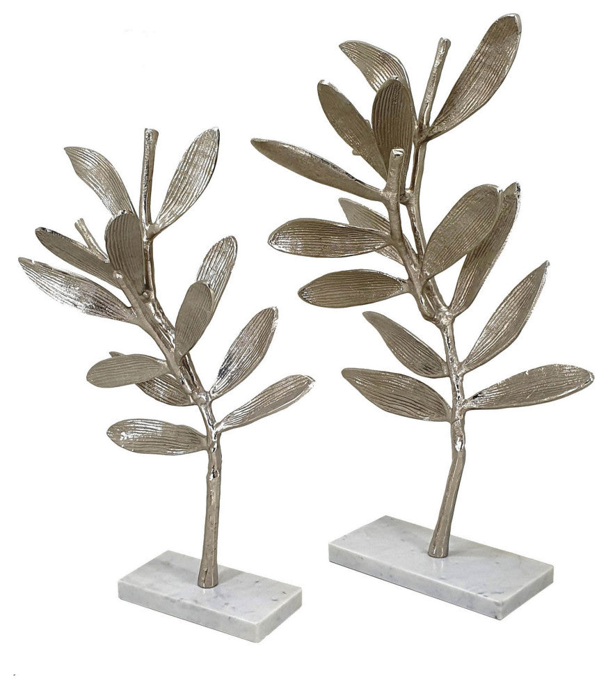 Benzara BM286108 23" 2-Piece Set Metal Statuettess, Accent Olive Tree, White