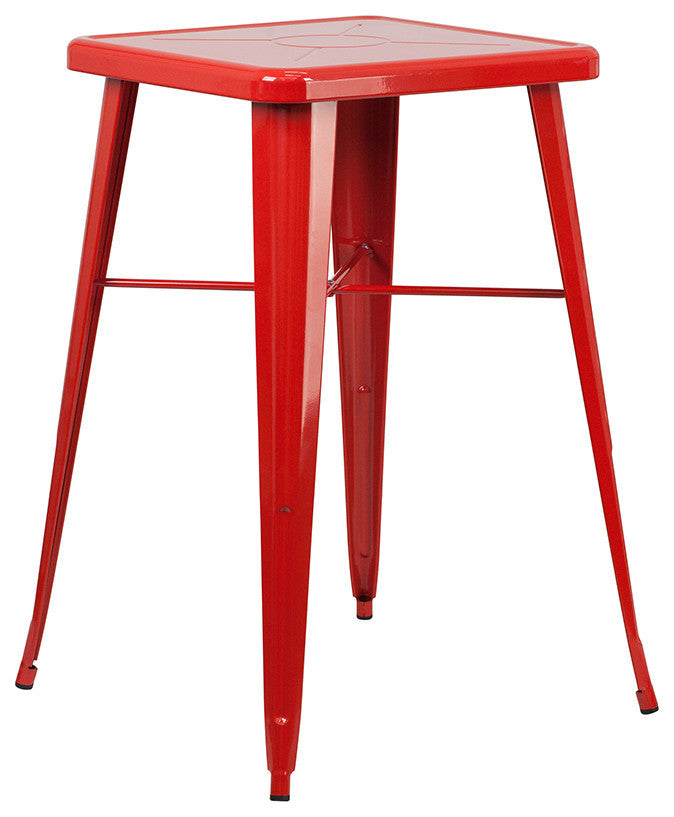 23.75" Square Red Metal Bar 3-Piece Table Set With 2 Square Seat Backless Stools