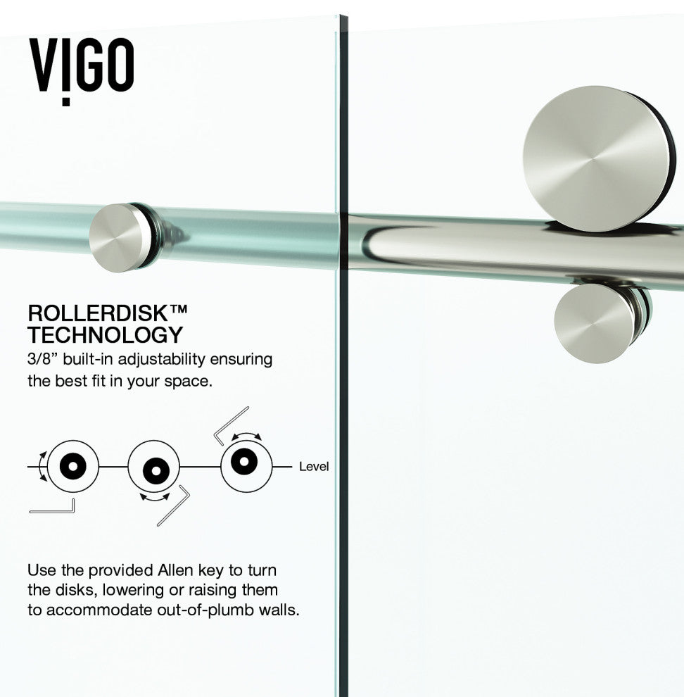 VIGO Elan E-Class 68" to 72" W x 76" H Frameless Sliding Shower Door, Stainless Steel, Clear Glass