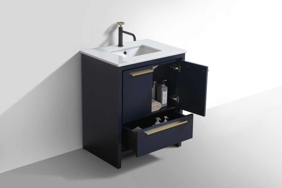 KubeBath Dolce 30" Bathroom Vanity, White Quartz Countertop, Blue