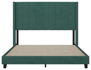 Bianca Upholstered Platform Bed w/Vertical Stitched Wingback Headboard, Emerald Velvet, Queen