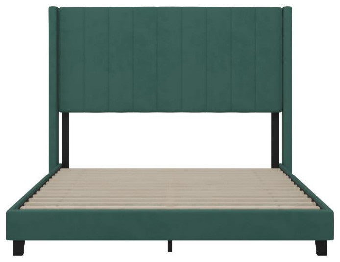 Bianca Upholstered Platform Bed w/Vertical Stitched Wingback Headboard, Emerald Velvet, Queen