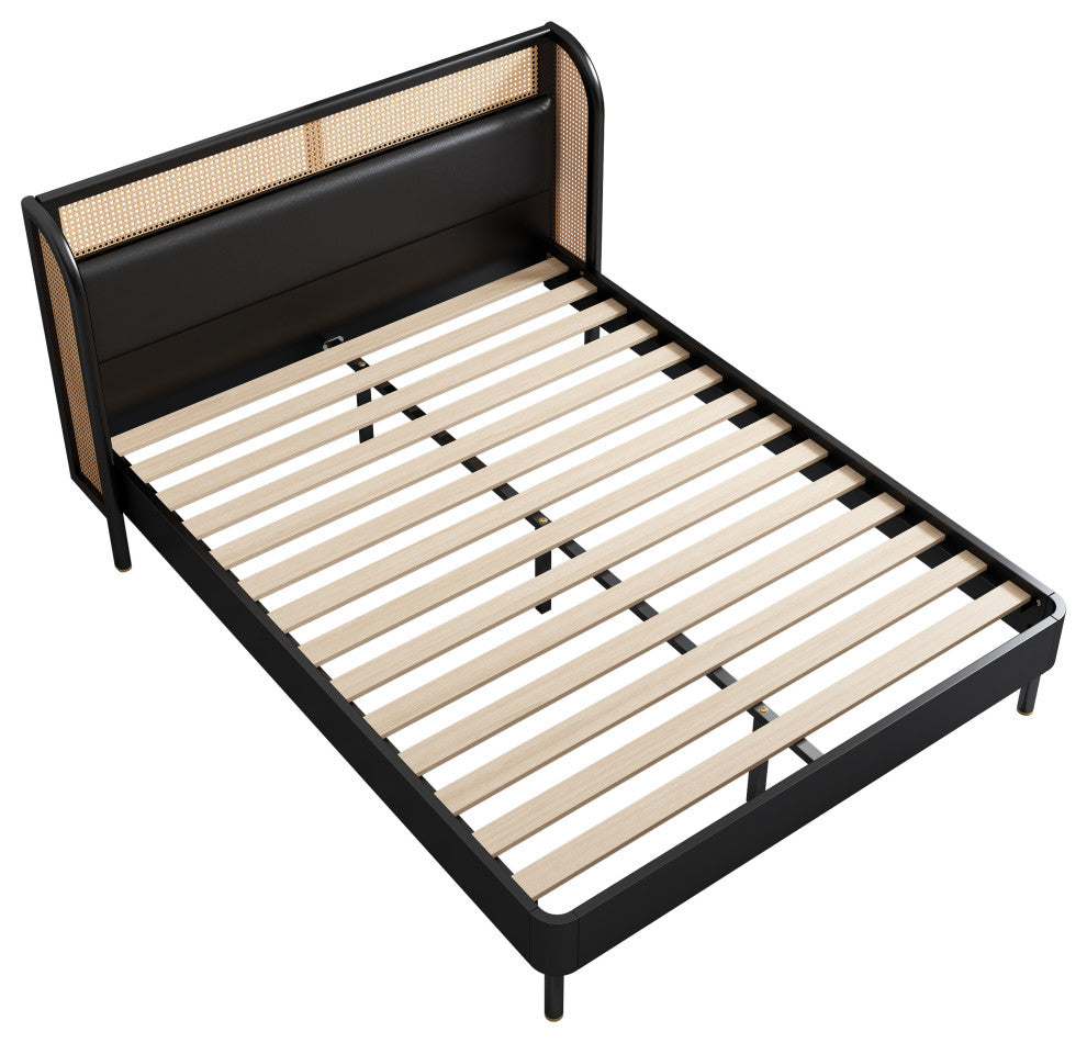 TATEUS PU Modern Cannage Rattan Wood Platform Queen Bed, Black