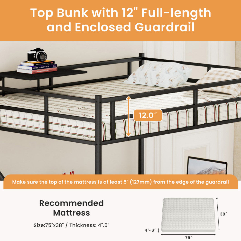 Gewnee Full Size Metal Loft Bed with L-shaped Desk