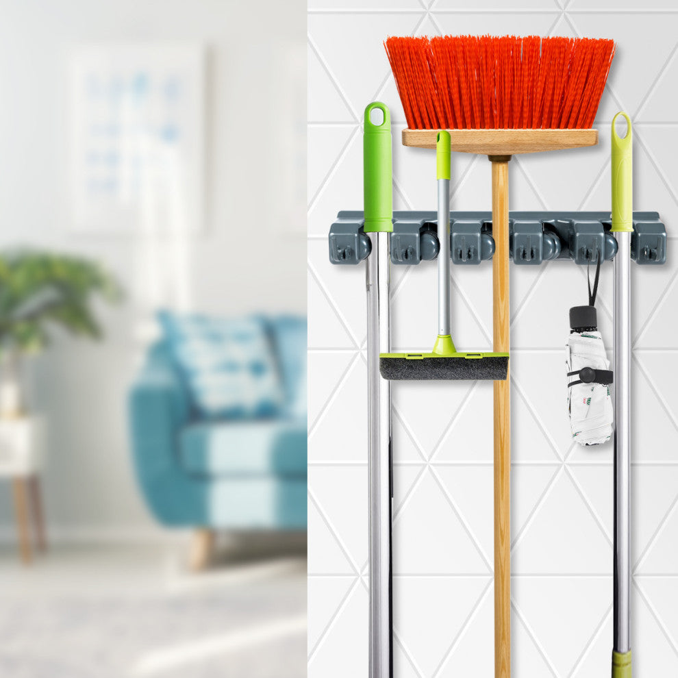 Costway Mop Broom Holder Garden Tool Rack Organizer 5 Positions Wall Mounted