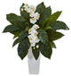 Orchid and Birdsnest Artificial Arrangement, White Tower Planter