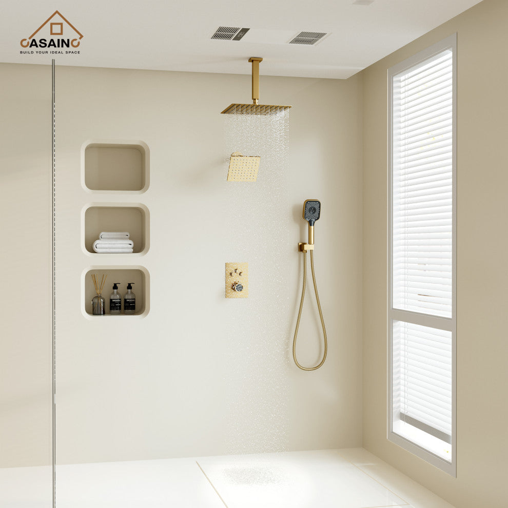 CASAINC 12" Ceiling Mounted Rainfall Shower System Set w Dual Shower Head, Brushed Gold