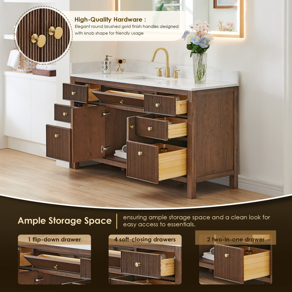 Cerrito Bathroom Vanity, Brown Brushed Oak, 60" Single, With Mirror