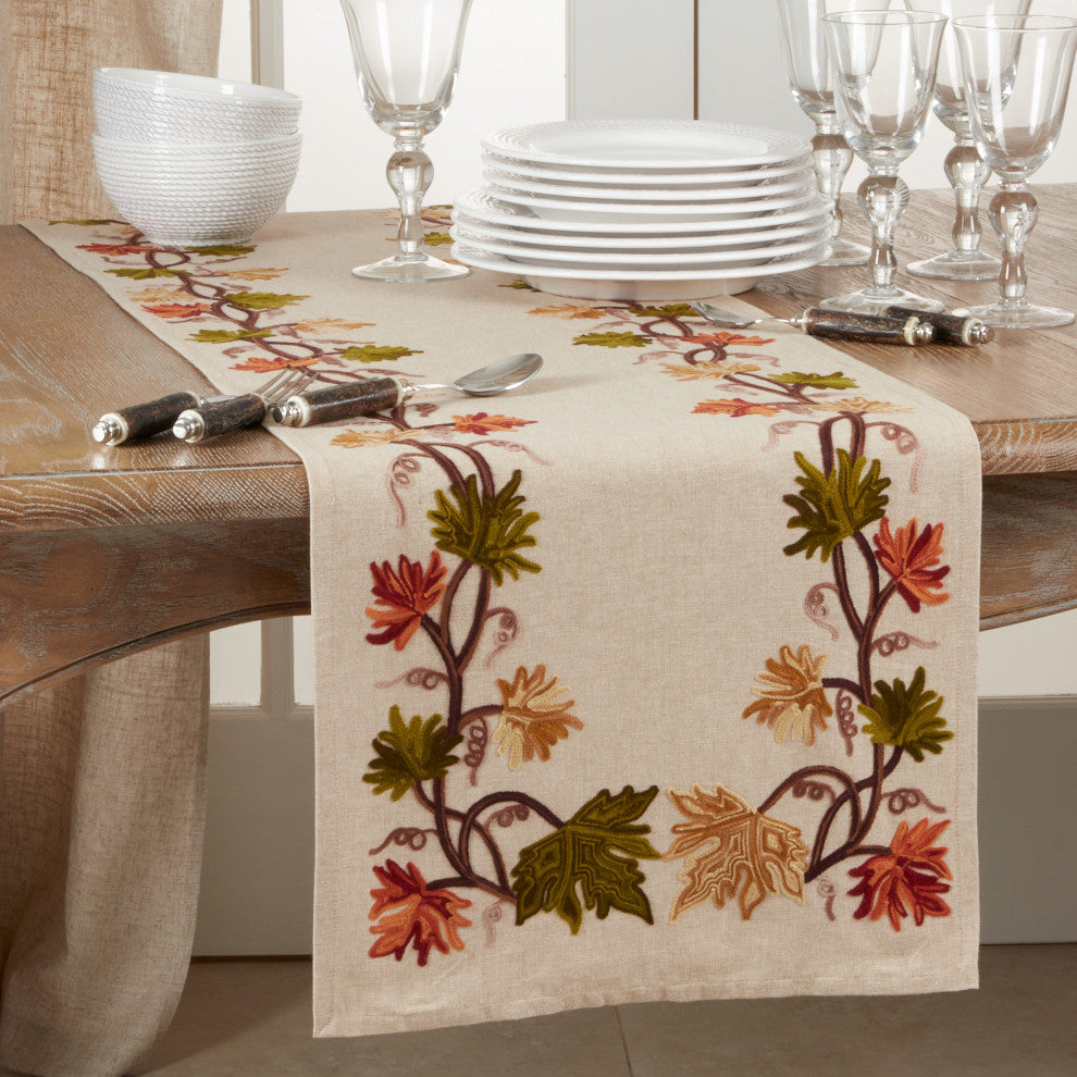 Fall Leaf Design Embroidered Table Runner, Natural, 16"x72"