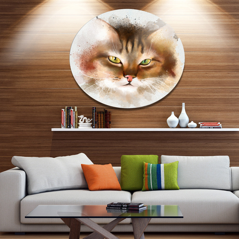 Bold Brown Cat Watercolor Sketch, Animal Large Disc Metal Wall Art, 36"