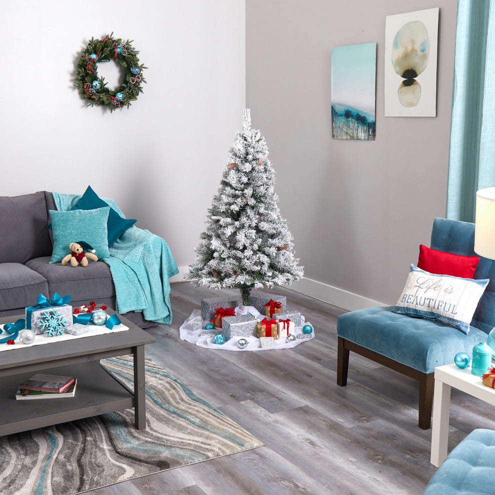5' Flocked White River Mountain Pine Artificial Christmas Tree With Pinecones