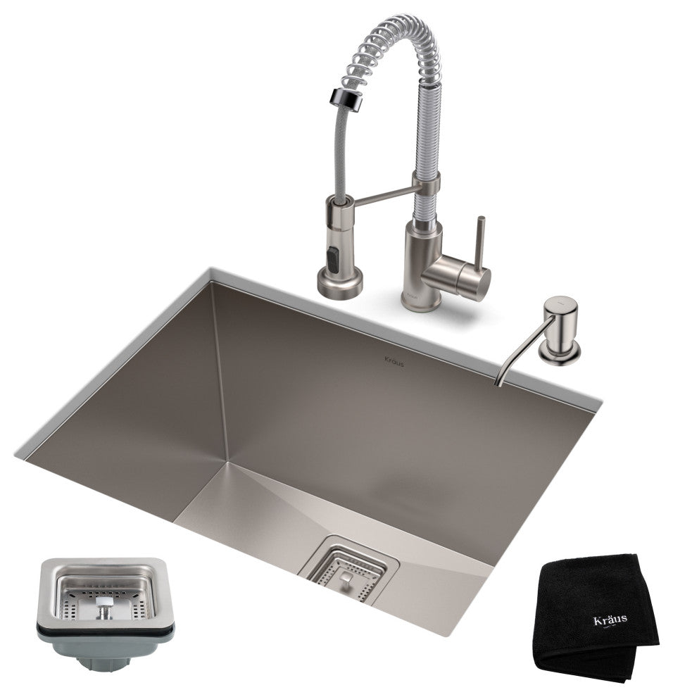 24" Undermount Stainless Steel Kitchen Sink, Pull-Down Faucet SSCH w Dispenser