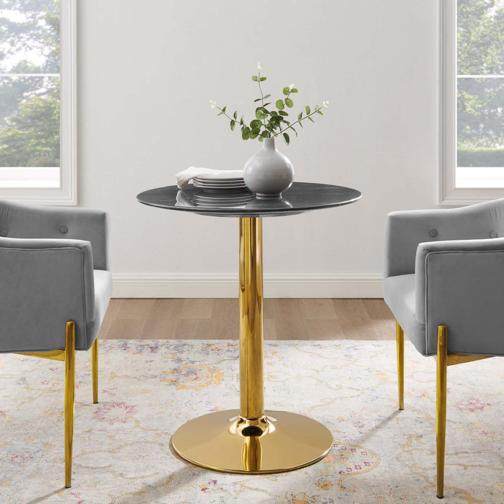 28" Dining Table, Round, Black Gold, Artificial Marble, Modern, Mid Century