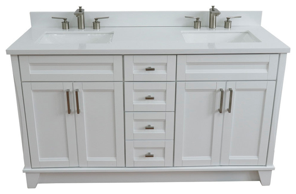 61" Double Sink Vanity, White Finish And Engineered Stone Top And Rectangle Sink